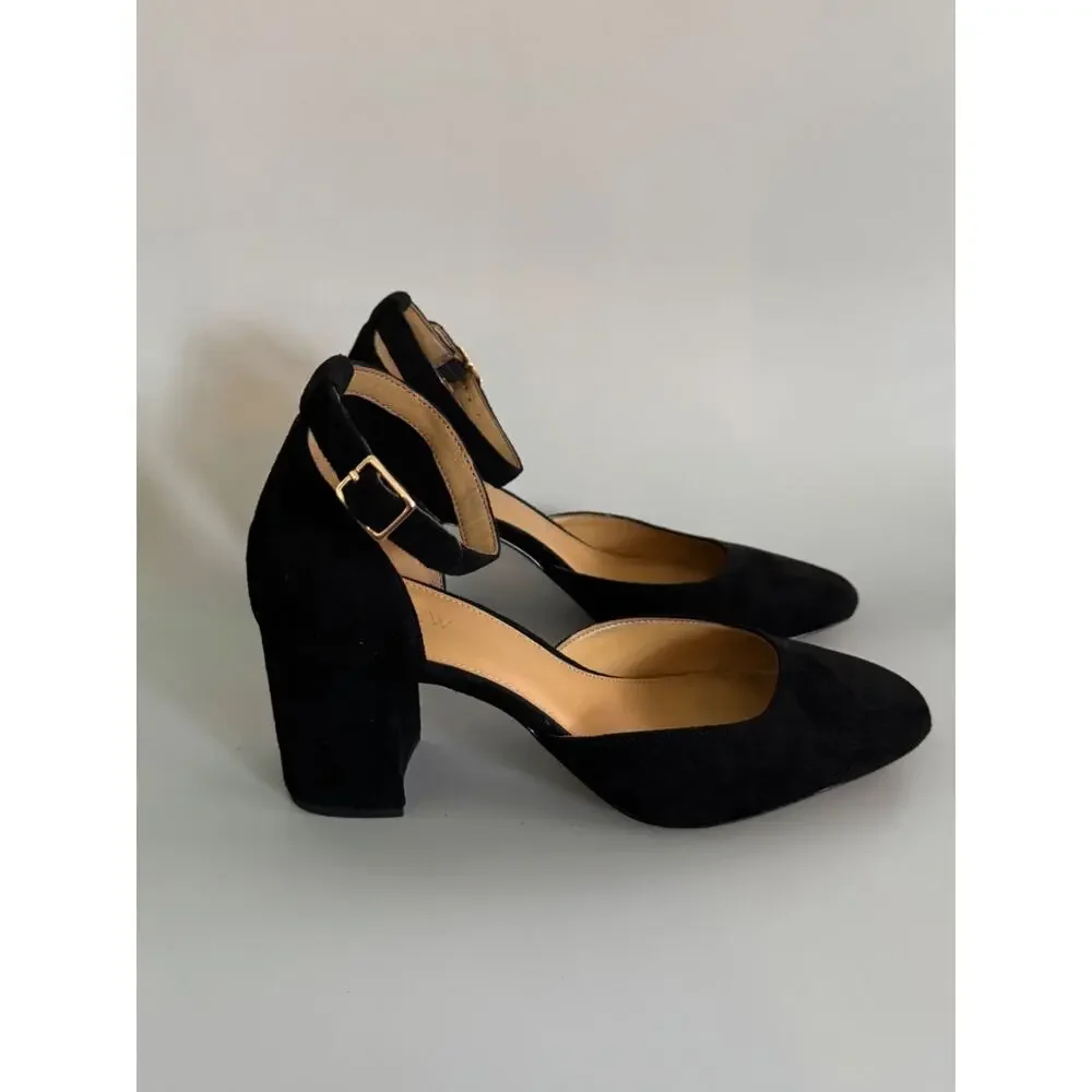 J. Crew Factory Black Suede Ankle Strap Block Heels